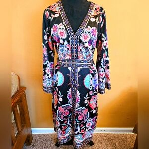 Mixit Pink and Blue Bell Sleeve Silky Floral Dress